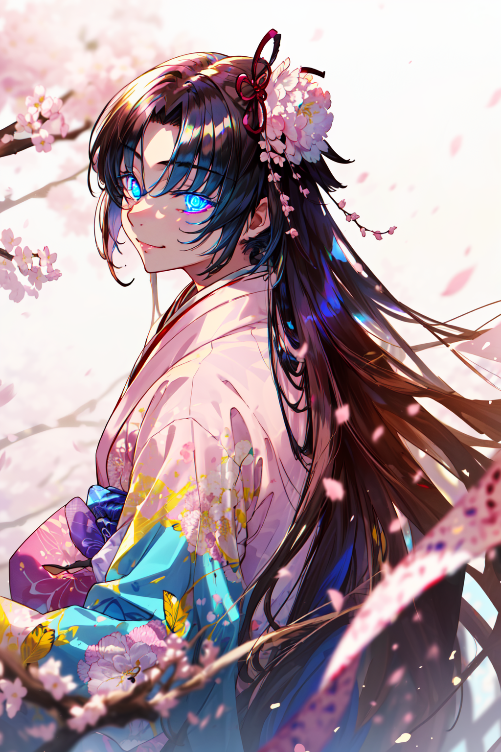 masterpiece,best quality,1girl,ryougi shiki,very long hair,hair flower,floral print,obi,hair ribbon,haori,blue eyes,pink k...